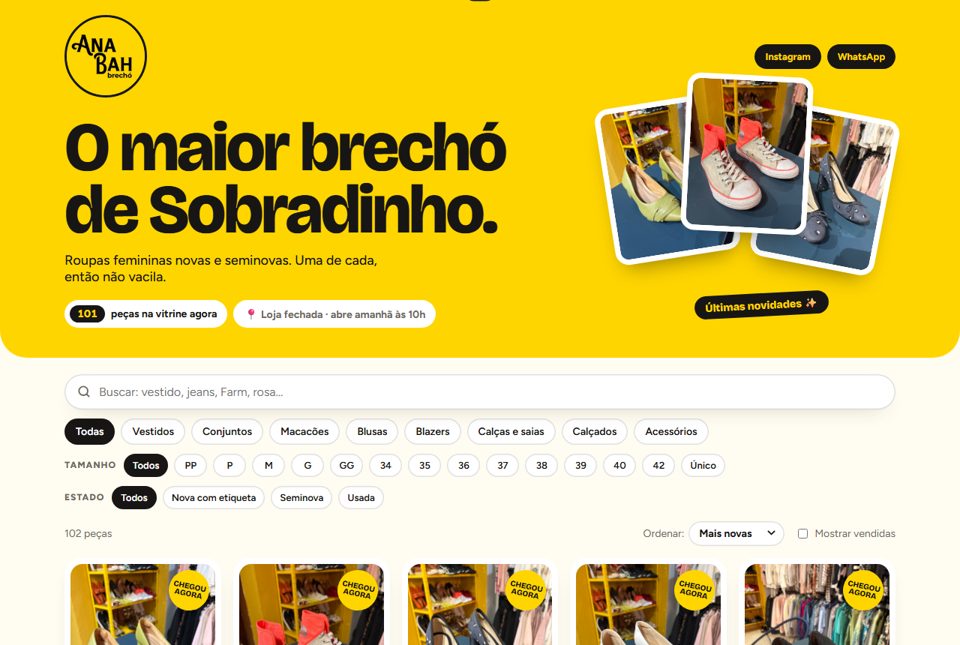 Página inicial do site Ana Bah Brechó e Moda, com a vitrine de peças