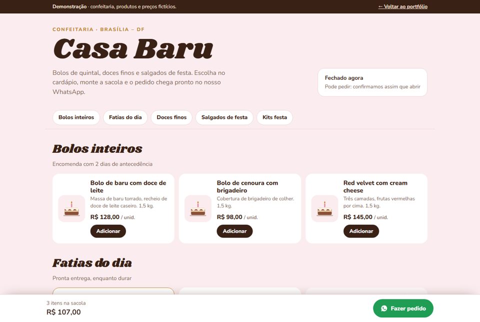 Cardápio da Casa Baru Confeitaria com sacola de pedido