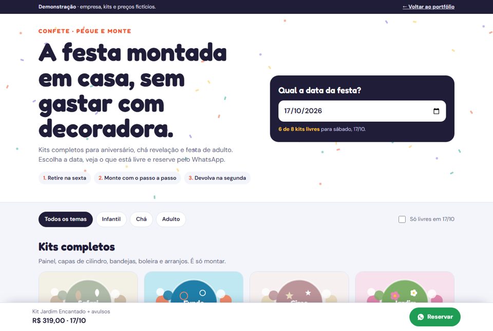 Catálogo de kits de festa da Confete com escolha de data