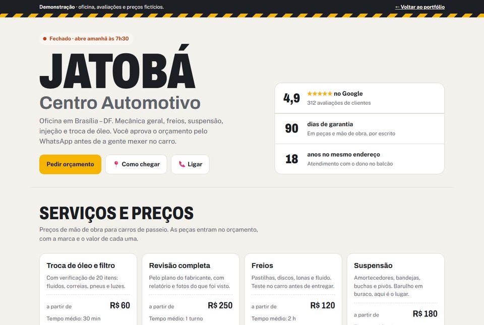 Página da oficina Jatobá com avaliações, garantia e tabela de serviços e preços
